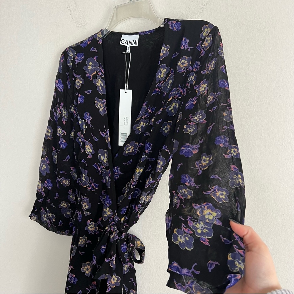 NWT Ganni Floral Print Georgette Wrap Puff Dress - Picture 5 of 13